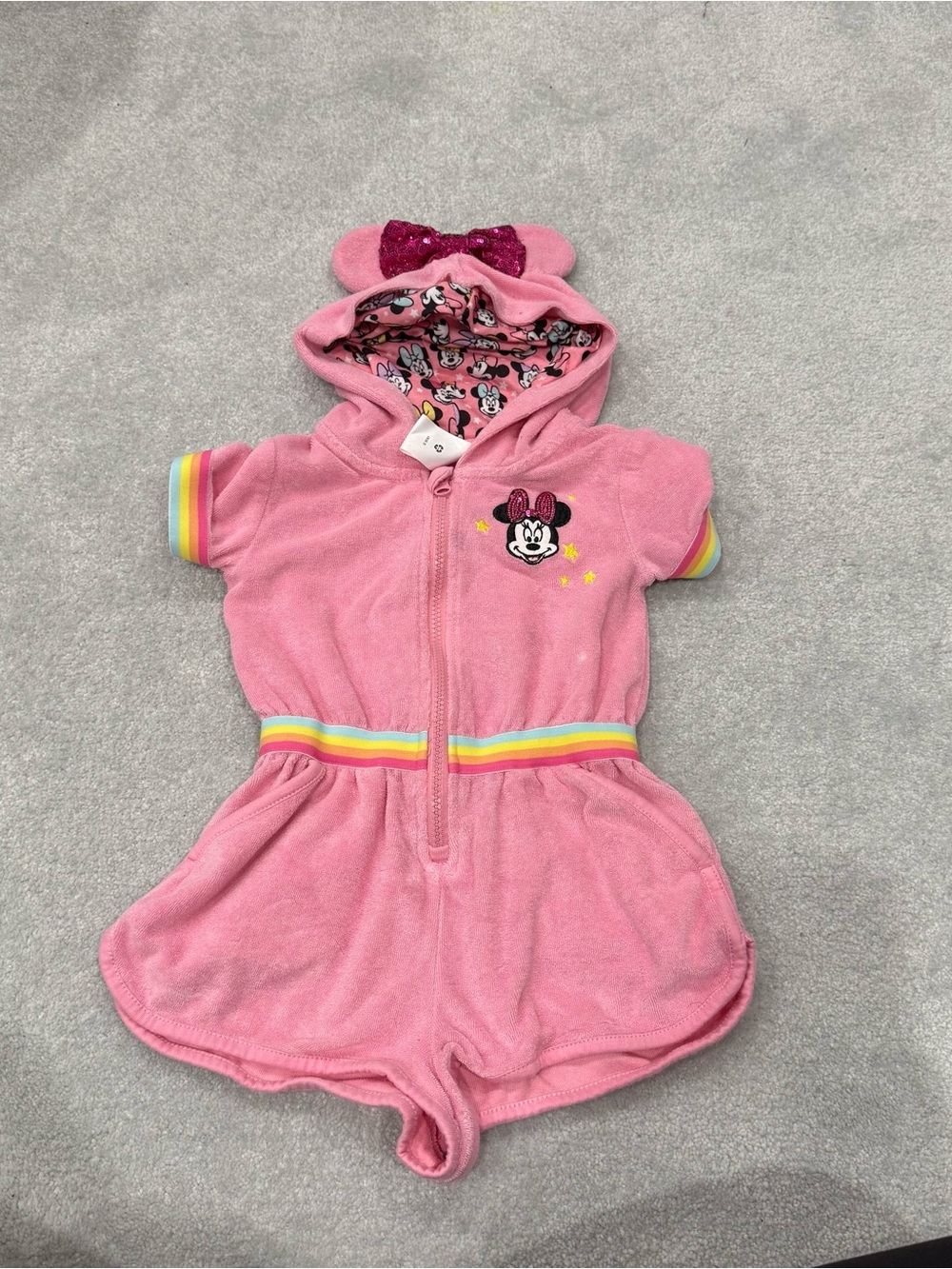 Disney Pink Minnie Mouse Hooded Terry Romper with Rainbow Trim